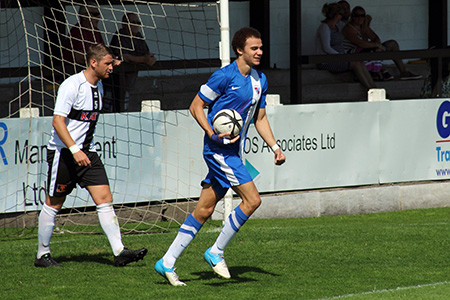 Billy Greulich-Smith scores for Shildon with Daniel Moore looking on. Billy Greulich-Smith