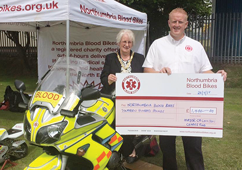 Mayor, Councillor Elizabeth Bruce with Graham Moor from the Northumbria Blood Bikes.