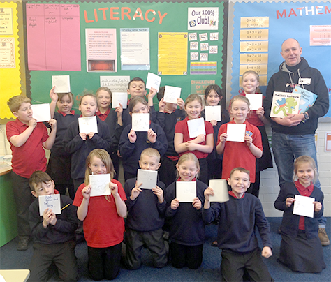Stuart Trotter with pupils he met on his last visit to Ferryhill and Chilton’s schools. He will be working again with local schools to create an exhibition of his and their work.