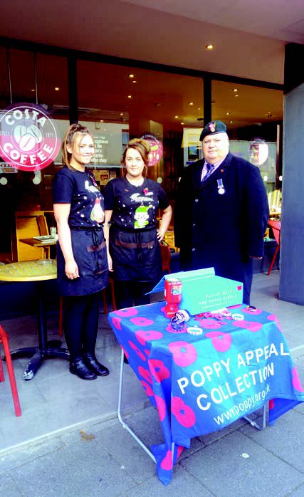 Cllr Peter Quinn, fundraising for the Poppy Appeal with Emily Snowball and Rebecaa Scott from Costa Coffee Cllr Peter Quinn, fundraising for the Poppy Appeal with Emily Snowball and Rebecaa Scott from Costa Coffee