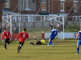 Shildon AFC's Adam Burnicle (9) scores against Penrith