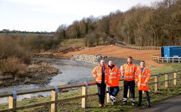 Work to stabilise road completed Foreman Franky Shields, Operative Andrew Bridgewater, Contract Manager Neil Summerson and Highway Services Manager, Mark Readman at the site.