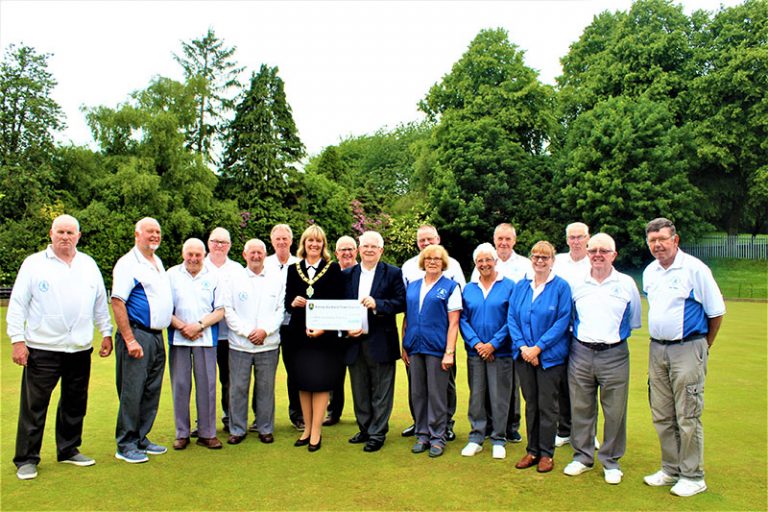 Town Mayor, Cllr Joy Allen presenting the Community Fund grant to members of Bishop Auckland Bowling Club. Photo: Christine Percival.