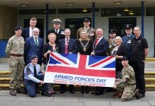 Flying the flag for the armed forces Cllr Audrey Laing, Cabinet support member for adult and health services; Professor John Anstee, Deputy Lord Lieutenant for County Durham; Cllr Katie Corrigan, Chairman of the council; Dr Bill Moir, the Chairman’s consort; and Cllr Lucy Hovvels, Cabinet member for adult and health services and armed forces champion with representatives from the armed forces including council employee reservists.
