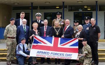 Flying the flag for the armed forces Cllr Audrey Laing, Cabinet support member for adult and health services; Professor John Anstee, Deputy Lord Lieutenant for County Durham; Cllr Katie Corrigan, Chairman of the council; Dr Bill Moir, the Chairman’s consort; and Cllr Lucy Hovvels, Cabinet member for adult and health services and armed forces champion with representatives from the armed forces including council employee reservists.