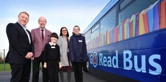 School launches library on wheels Colin Barnes, Brian Walker, Sara Swales and pupils Alexa and Harry with the new Go Read Bus.