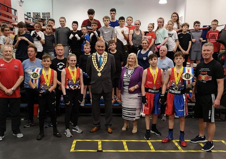 Spennymoor Town Mayor and Consort, Cllrs Clive and Liz Maddison congratulate Spennymoor’s boxers on their recent MTK Box Cup success at Penrith.