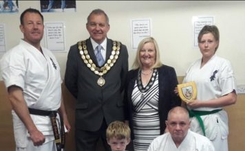 Mayor visits karate club Chief instructor, Adam Walker welcomes Spennymoor Town Mayor and Consort, Cllrs Clive and Liz Maddison who presented awards to Jack Walker (front left), Stevie Bingham and Keeley Nixon.
