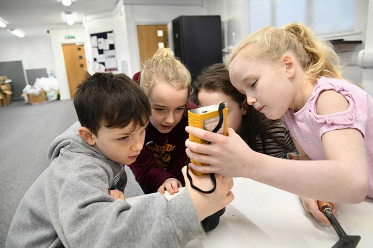 Members of the Young Archaeologists’ Club learn how to use a Magnetic Susceptibility Meter. Photo: Barry Pells, courtesy of The Auckland Project.