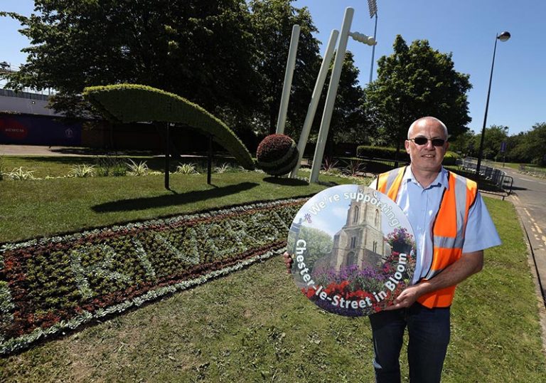 Graham Cozens, Clean and Green team leader with the spectacular floral display at Durham County Cricket Club.