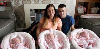 Omne trium perfectum – everything that comes in threes is perfect Mam, Stephanie Latcham, dad Michael Gough and the identical triplets, Ollie-Anna, Isabella and Brianna.