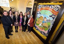 Replica miners’ banner finds new home in library Left to right: Michael Millmore, Morrison Lodges Banner Group; Louise Smith, library operations officer; Cllr Katie Corrigan, Durham County Council Chairman; Cllr Jeanette Stephenson; Cllr Carole Hampson, Mayor of Stanley Town Council; Alan Mardghum, President/Secretary of the Durham Miner’s Association and Cllr Joan Nicholson.