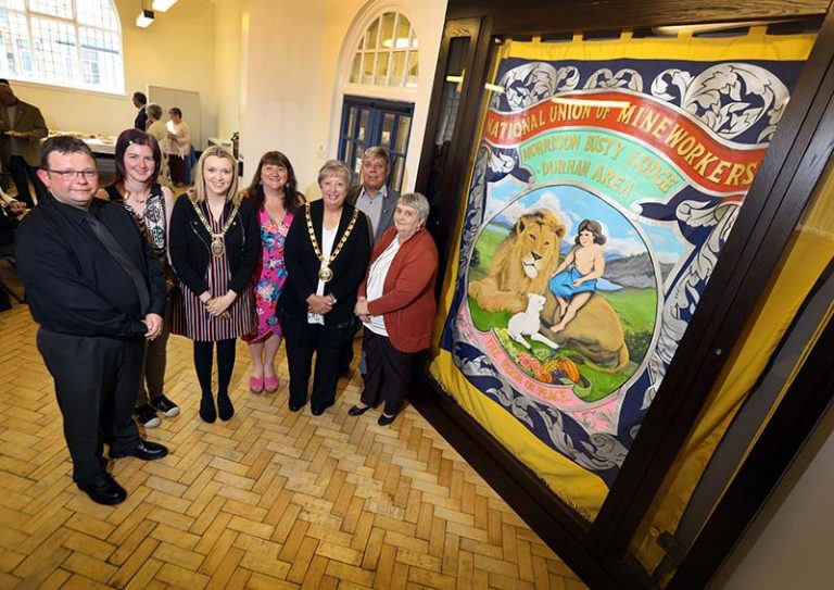 Left to right: Michael Millmore, Morrison Lodges Banner Group; Louise Smith, library operations officer; Cllr Katie Corrigan, Durham County Council Chairman; Cllr Jeanette Stephenson; Cllr Carole Hampson, Mayor of Stanley Town Council; Alan Mardghum, President/Secretary of the Durham Miner’s Association and Cllr Joan Nicholson.