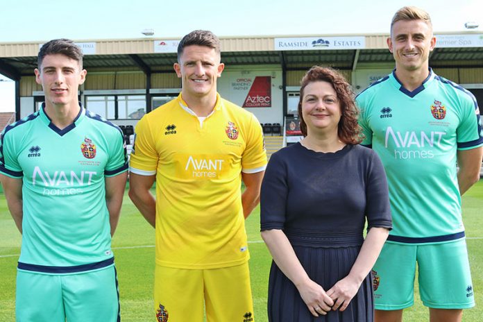 Spennymoor players James Roberts, Robert Ramshaw and Glen Taylor with Jennifer Tupman