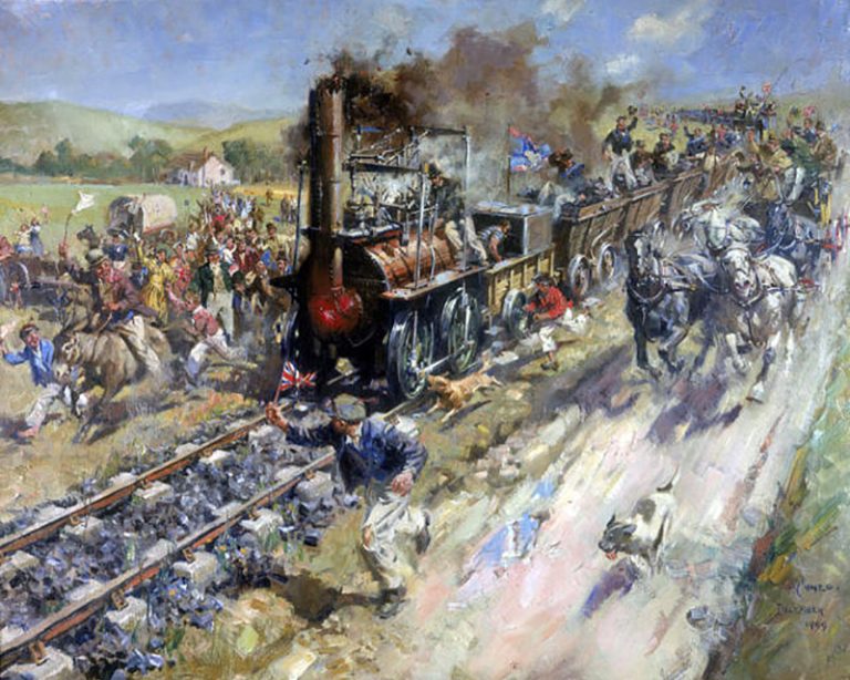 Terence Cuneo's painting of Locomotion’s historic first passenger carrying run in 1825