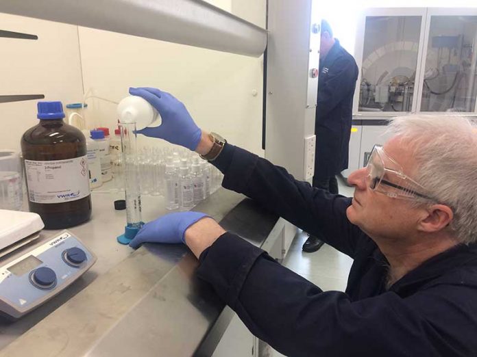 Staff at the Materials Processing Institute developing hand sanitiser for Marie Curie Nurses. Staff at the Materials Processing Institute developing hand sanitiser for Marie Curie Nurses.