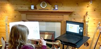 The beat goes on as school music service moves online Melanie Henderson takes part in a music lesson with Durham Music Service brass teacher Amy Leggett.