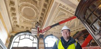 S Nicholson & Sons returns brasserie’s ‘opulent’ ceilings to their Edwardian splendour Stephen Nicholson pictured during the work to restore the magnificent ceilings at Browns Brasserie & Bar