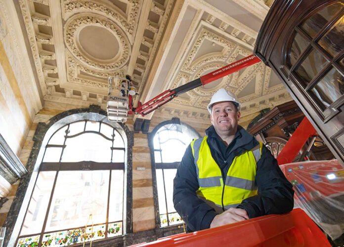 Stephen Nicholson pictured during the work to restore the magnificent ceilings at Browns Brasserie & Bar Stephen Nicholson pictured during the work to restore the magnificent ceilings at Browns Brasserie & Bar