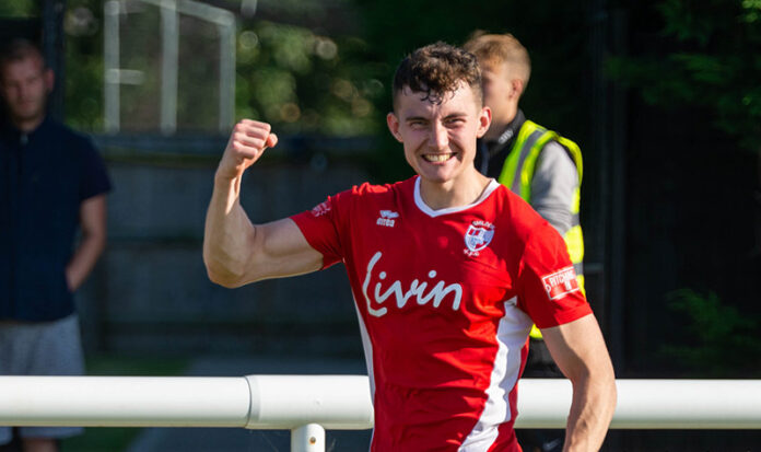 Dom Curl celebrates scoring a last minute winner at Cleethorpes Town. Dom Curl celebrates scoring a last minute winner at Cleethorpes Town.