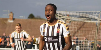 Playoff battle heats up as Moors head for York Jude Oyibo celebrates after giving Moors the lead against Leamington.