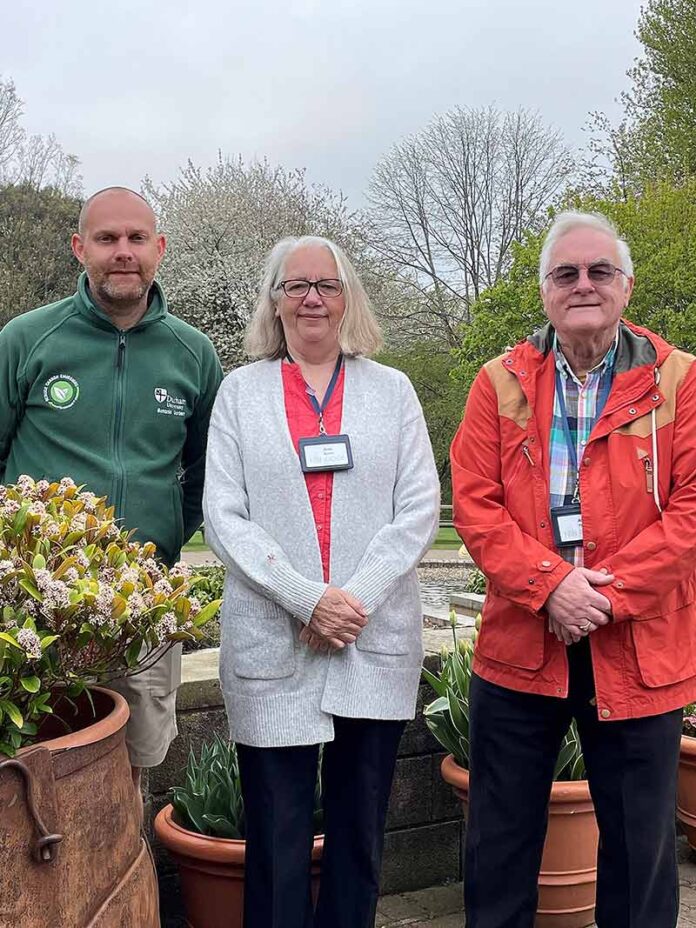 In-Bloom-1 Peter Thompson, horticultural groundsperson from Durham’s Botanic Gardens (left) with Northumbria in Bloom judges Ann Burns and Albert Paterson.