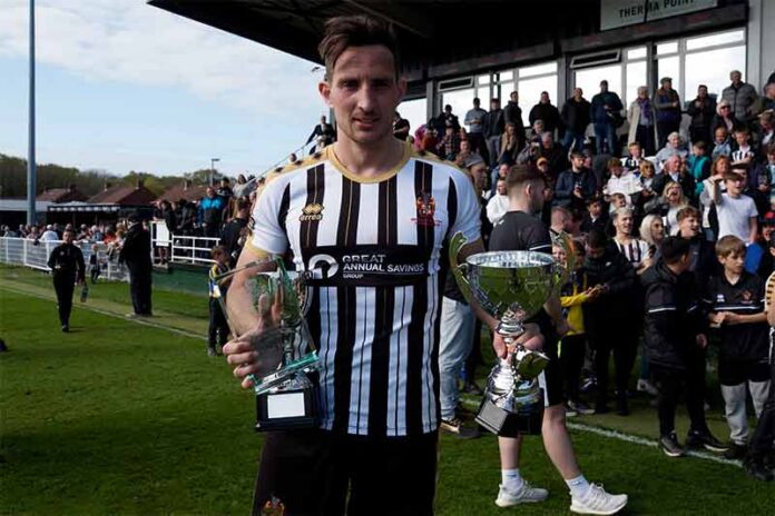 joe-tait-spennymoor-town-fc Joe Tait with his trio of Player of the Year awards.
