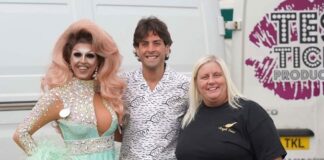 Angel Trust host sold out ladies day Tess Tickle and James Argent, who were among performers at the event, with The Angel Trust CEO, Clair McGregor.