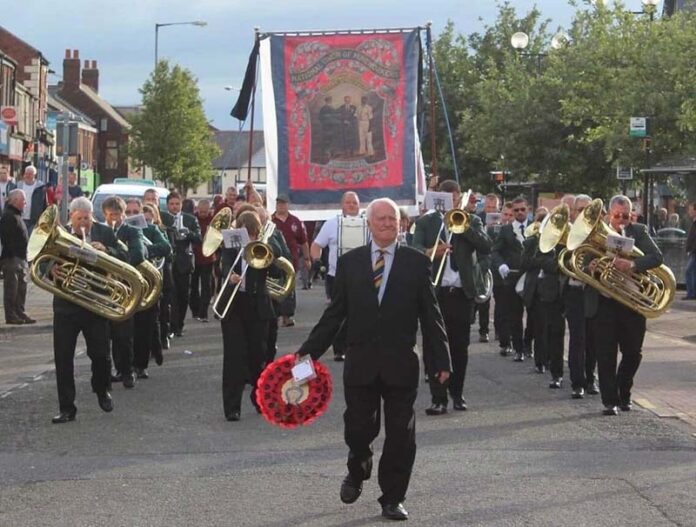 Miners-Banner-Parade-Pic Ferryhill Town Band, led by the late Brian Avery, with the banners in the background.