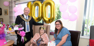 A century of birthdays for Louie Louie Young with Spennymoor Town Mayor, Cllr Dean Ranyard and Consort, Cllr Beckie Calder.