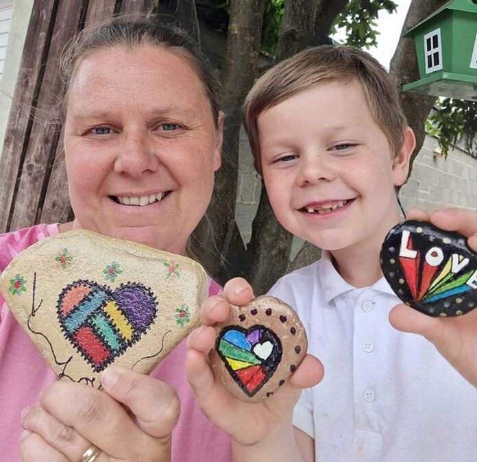Tracey-and-Lincoln Tracey Bright and her son Lincoln enjoy decorating and hiding rocks around the town.