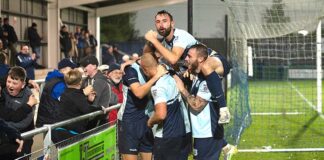 Two Blues leveller stretches lead Bishop Auckland FC celebrate scoring in the last minute.