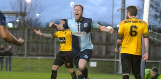 Bishops maintain promotion drive Dean Thexton celebrates scoring against Crook Town
