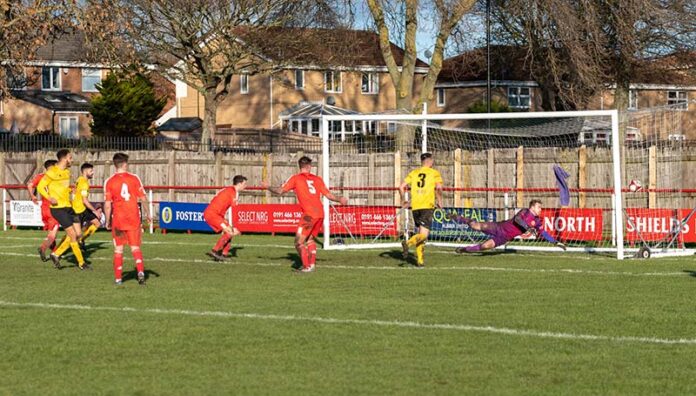 Billy Greulich-Smith heads home Shildon's winner for a vital win at North Shields. Billy Greulich-Smith heads home Shildon's winner for a vital win at North Shields.