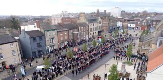 Bishop Auckland remembers the fallen A large crowd gathered around the War Memorial in Bishop Auckland Market Place to pay tribute to those who fought and lost their lives in war. Image: Heather Laurence.