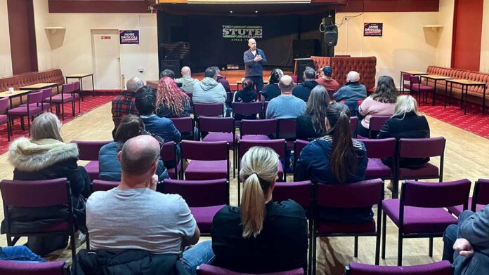 Jamie Driscoll speaking in Shildon