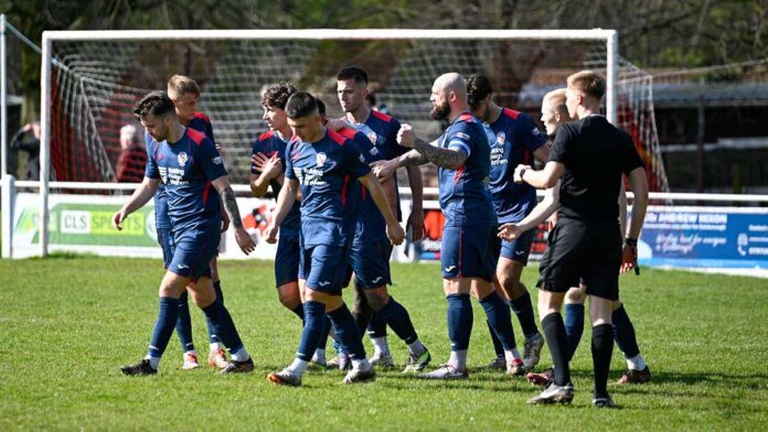Shildon’s players celebrate David Vincent’s opener at Guisborough.