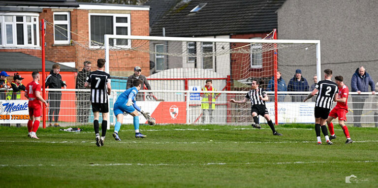 Shildon AFC's Ben Reay opens the scoring against North Shields at Dean Street.