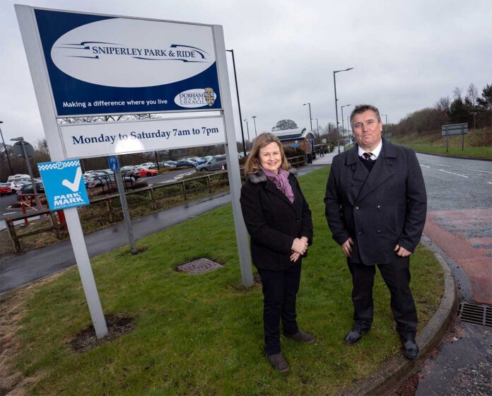 sniperley-park-and-ride Cllr Elizabeth Scott and Mark Jackson outside Sniperley Park and Ride