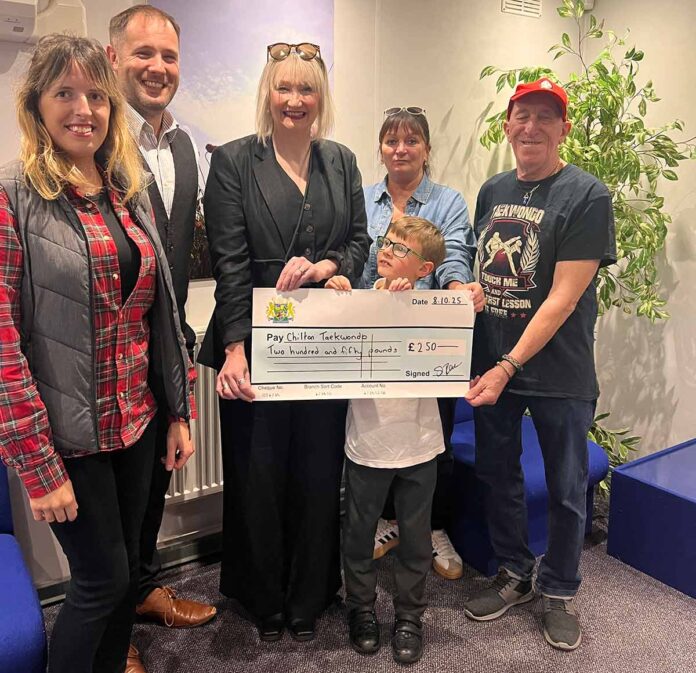 ctc-taekwondo Chilton Mayor, Cllr Sue Reece and Deputy Mayor, Cllr Pearl Malpas, hand over a cheque for £250 from the Chilton Community Grants fund to Chilton Taekwondo.