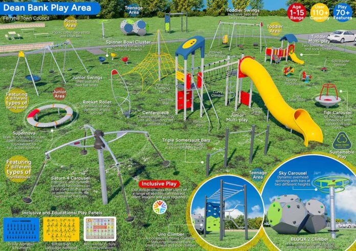 dean-bank-play-kompan-design An image showing the range of equipment to be installed at the new Dean Bank Play Area