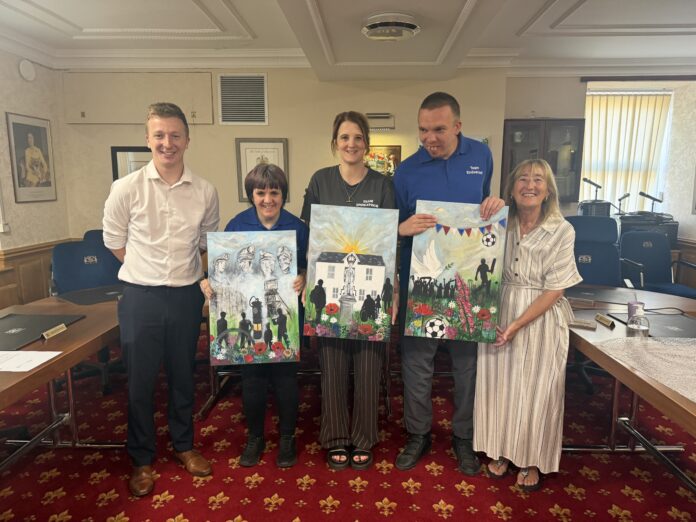 Picture Cllr Bihari & Atkinson with Members of Endeavour Woodcrafts CIC Presenting Artwork to FTC
