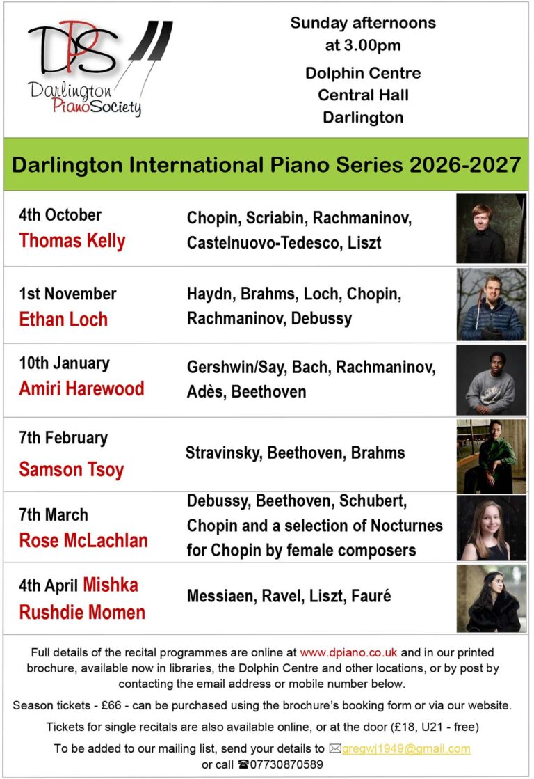 Darlington Piano Society presents its 2026-27 International Piano Series