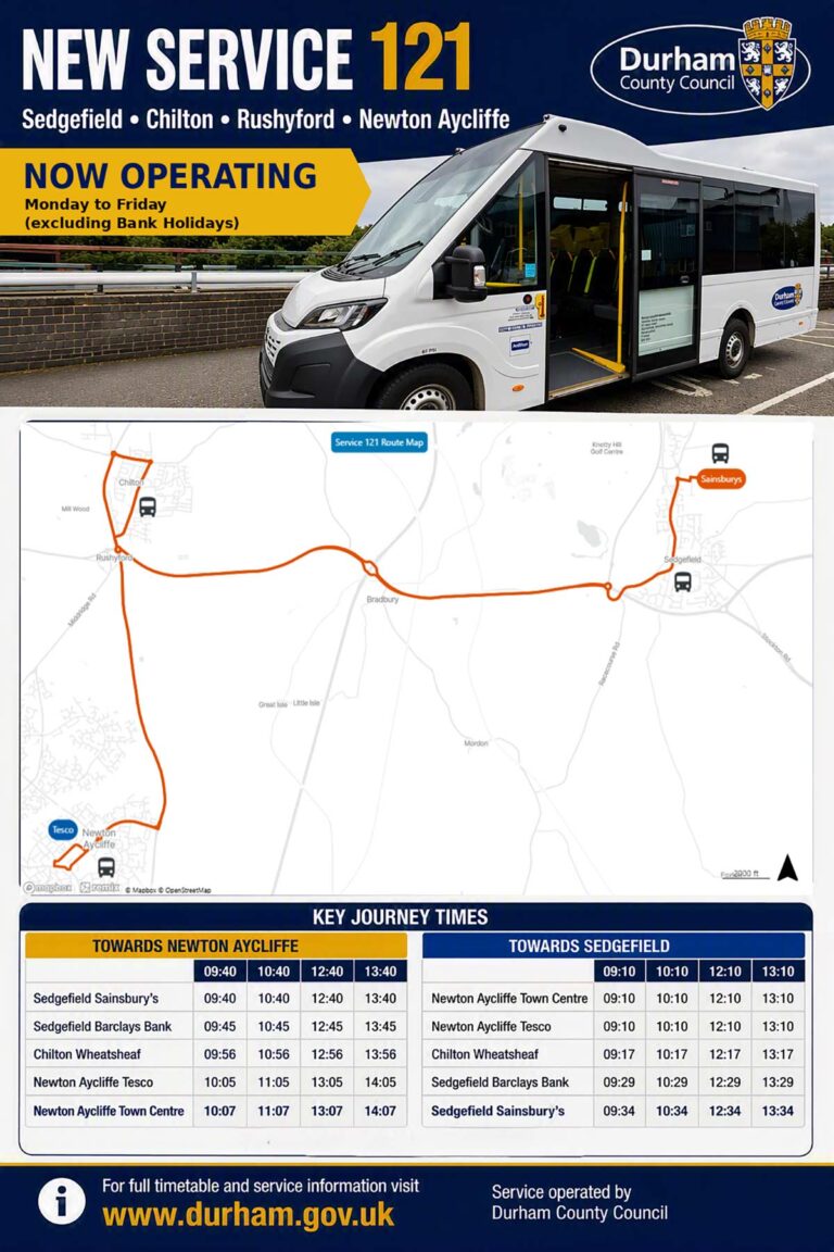 New one-year trial bus service connects Sedgefield, Chilton and Newton Aycliffe New one-year trial bus service connects Sedgefield, Chilton and Newton Aycliffe